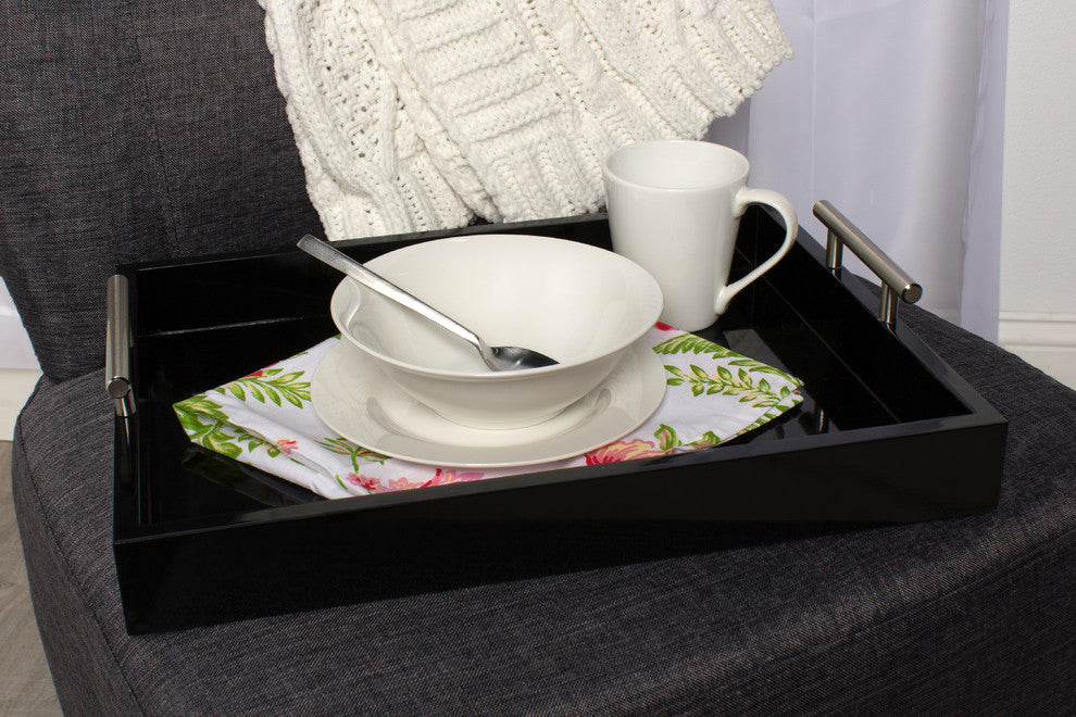 Lipton Decorative Wood Tray with Metal Handles, Black/Silver