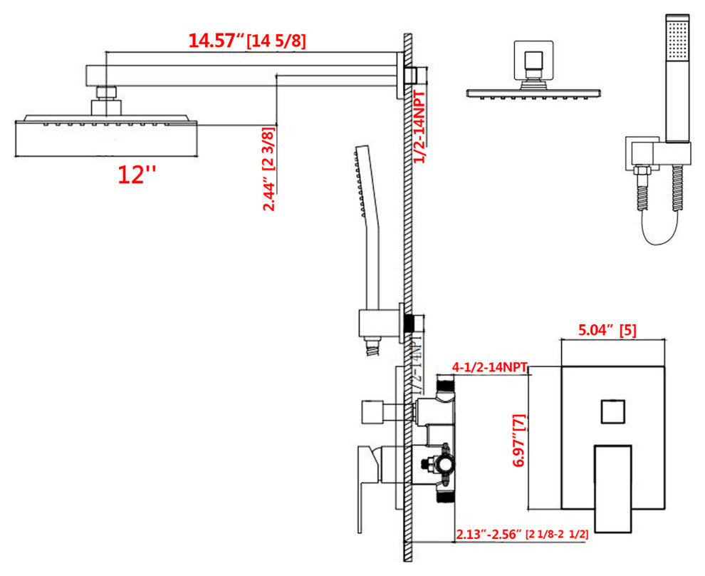 12 inch Wall-Mounted Square Completed Shower System with Handheld Shower and Hea