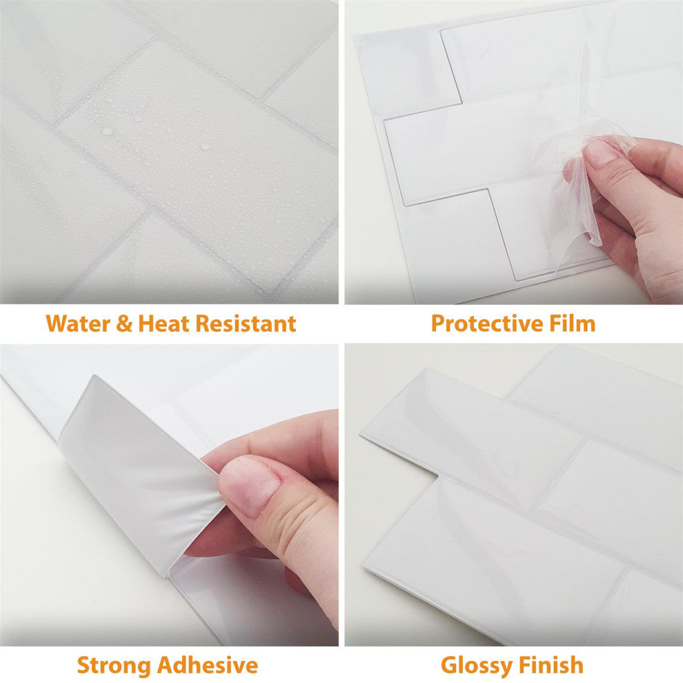 Pure White Glossy Subway Metro Classic Brick 3D Tile Sticker, 12"x6", Set of 20