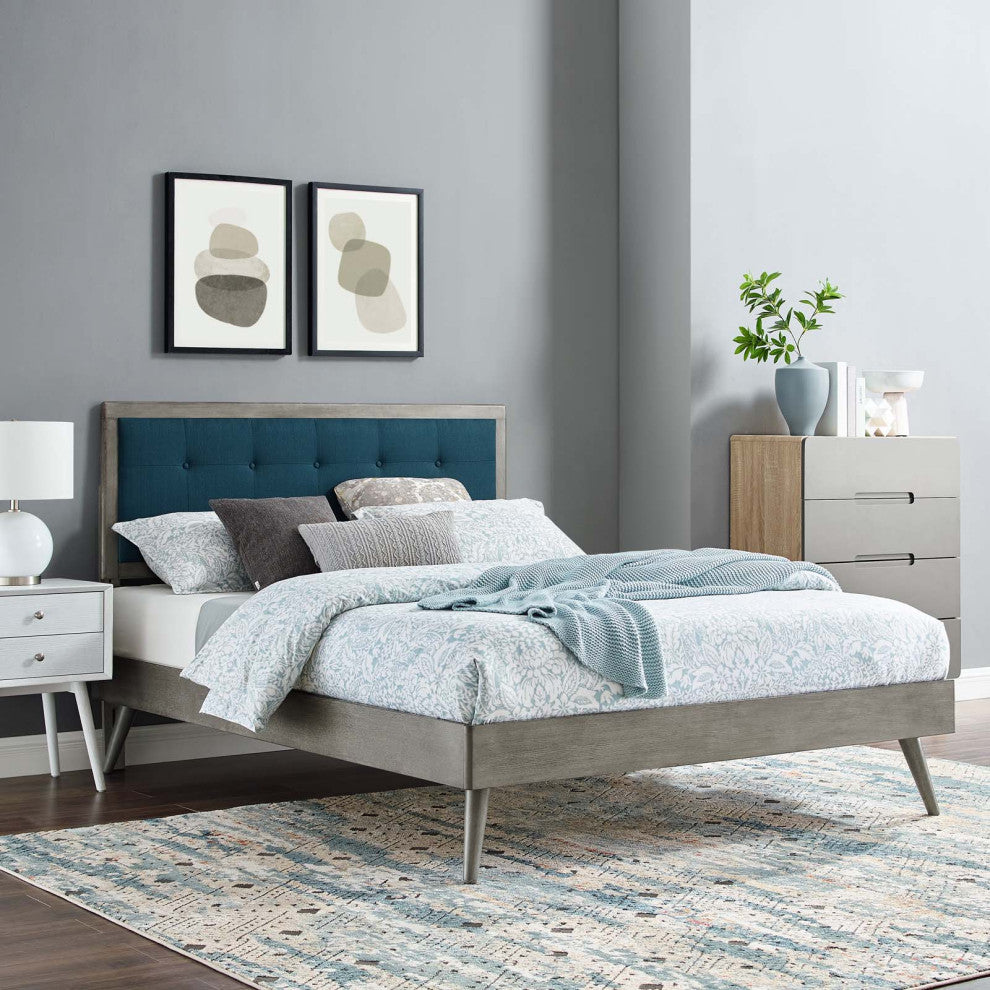 Platform Bed Frame, Queen Size, Fabric, Wood, Gray Navy Blue, Modern
