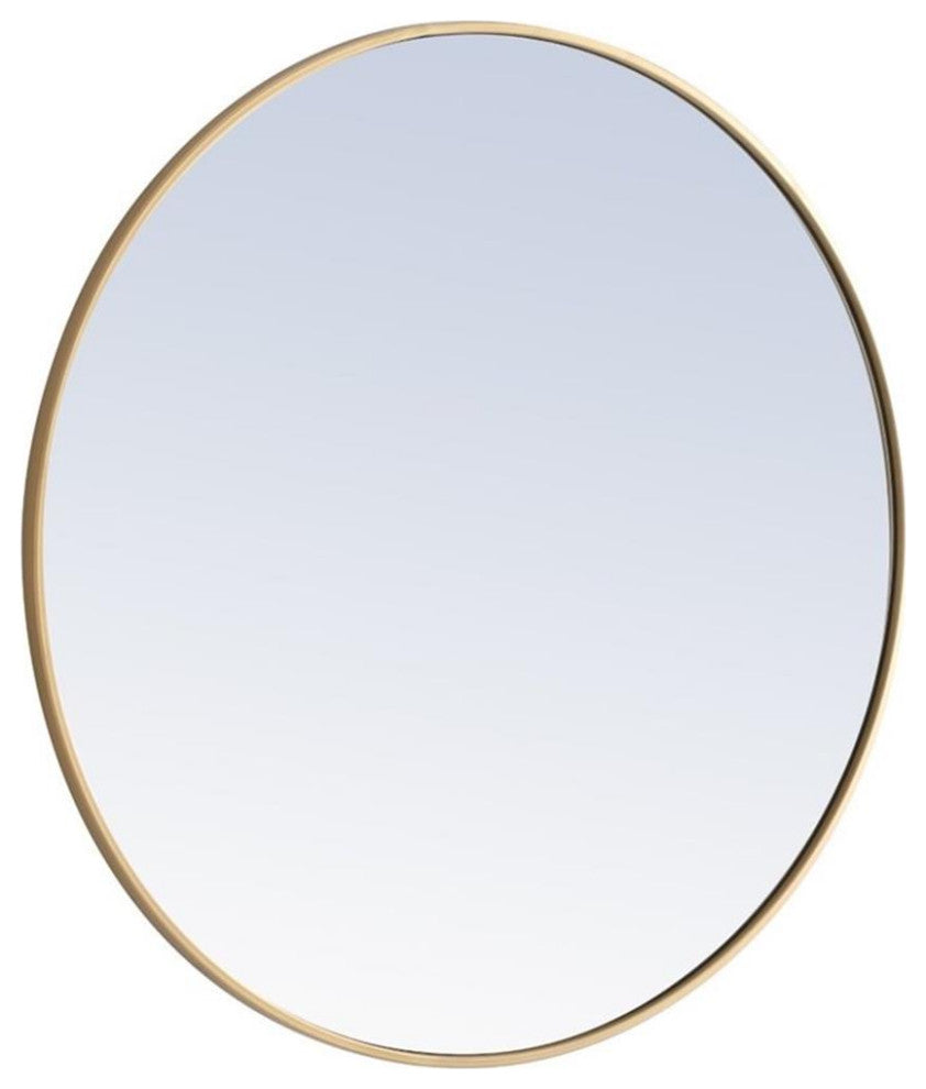 Pemberly Row 36" Round Contemporary Metal Frame Mirror in Brass