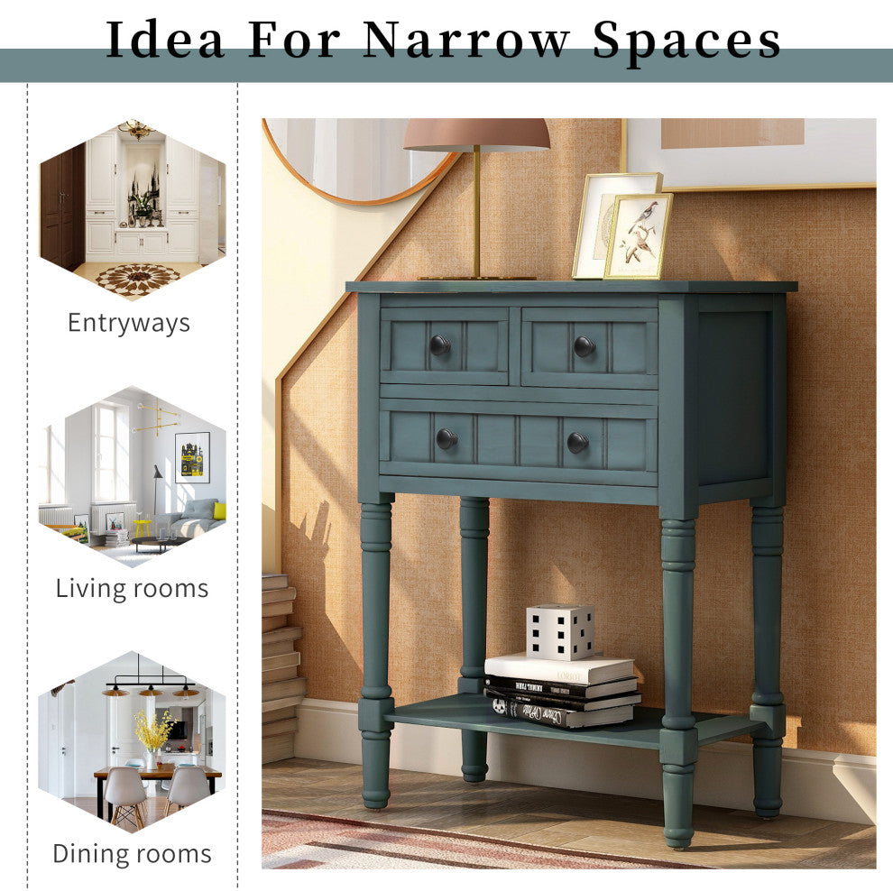 Narrow Console Table with Three Storage Drawers, Navy