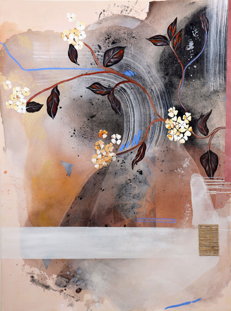 Abstract landscape painting, Beige brown painting, Black and white flower art