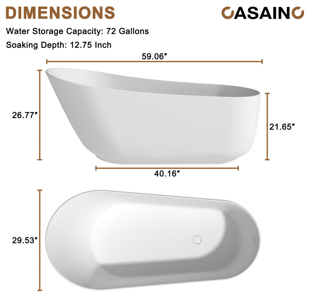 59in White Solid Surface Freestanding Soaking Bathtub with Drain, 59in