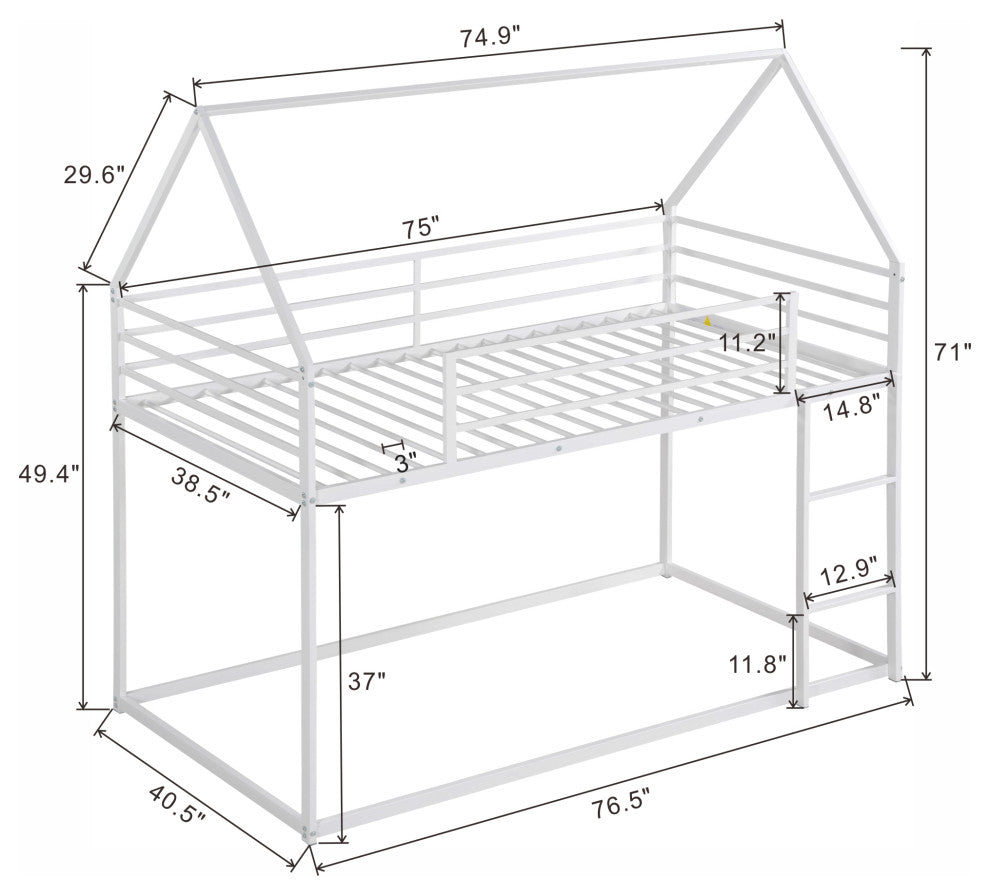 Gewnee Metal Twin Over Twin Bunk Bed House Bed in White