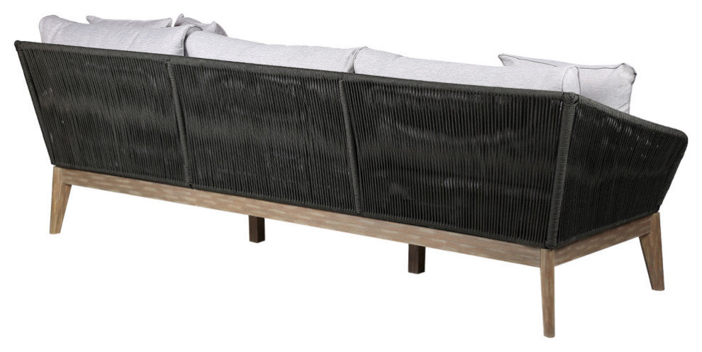 Athos Outdoor 3 Seater Sofa With Latte Rope and Gray Cushions, Light Eucalyptus