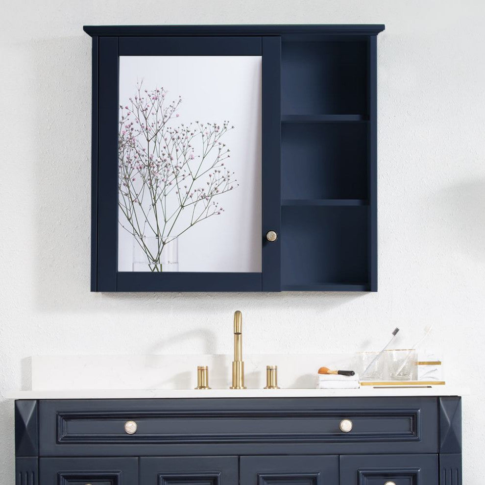 Solid Wood Bathroom Medicine Cabinet With Silver Coated Mirror, Navy Blue, 34"x30"
