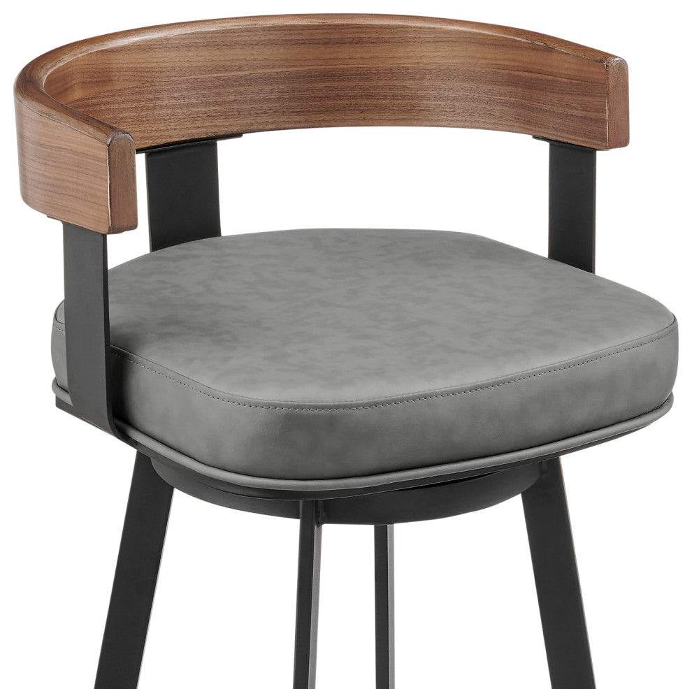 Idris Swivel Stool, Black/Walnut Finish & Gray Faux Leather, Counter, 26"