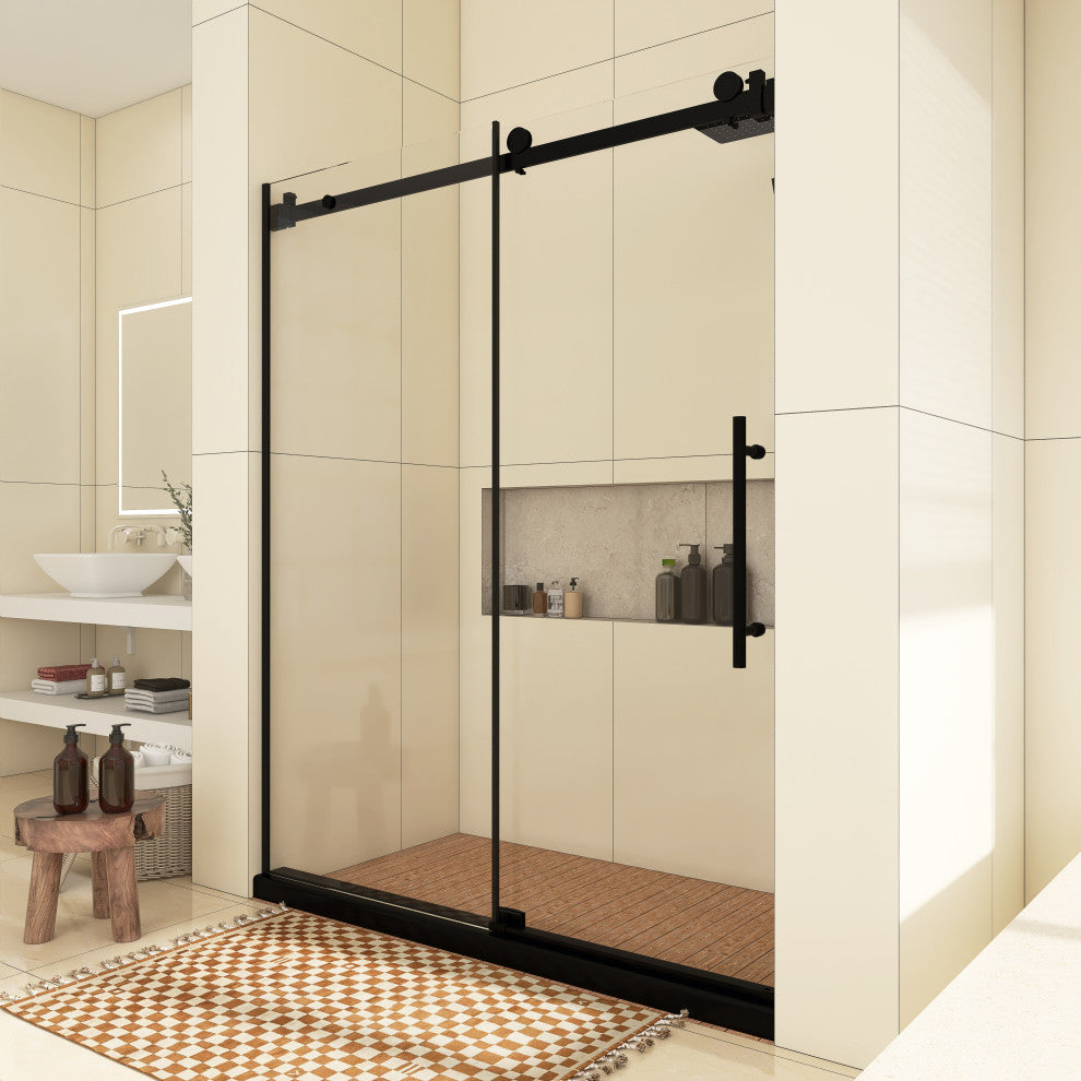 60" W x 76" H Frameless Single Sliding Shower Doors, Matt Black