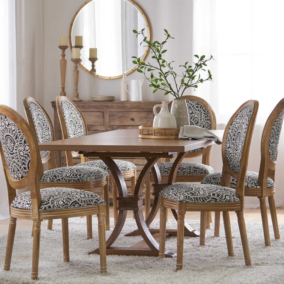 Dason French Country Fabric Upholstered Wood 7-Piece Dining Set, Black and White Print/Natural
