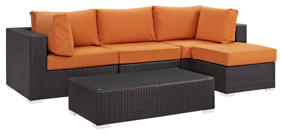 Modway Convene 5 Piece Outdoor Patio Sectional Set, Espresso Orange