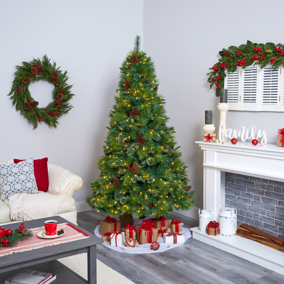 7' Montana Mixed Pine Faux Xmas Tree With Pine Cones, Berries & 500 Clear Lights