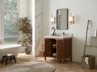 Elizabeth Teak 36" Right Offset Sink Vanity, Dark Natural 2" White Quartz