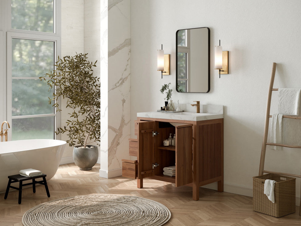 Elizabeth Teak 36" Right Offset Sink Vanity, Dark Natural 2" White Quartz