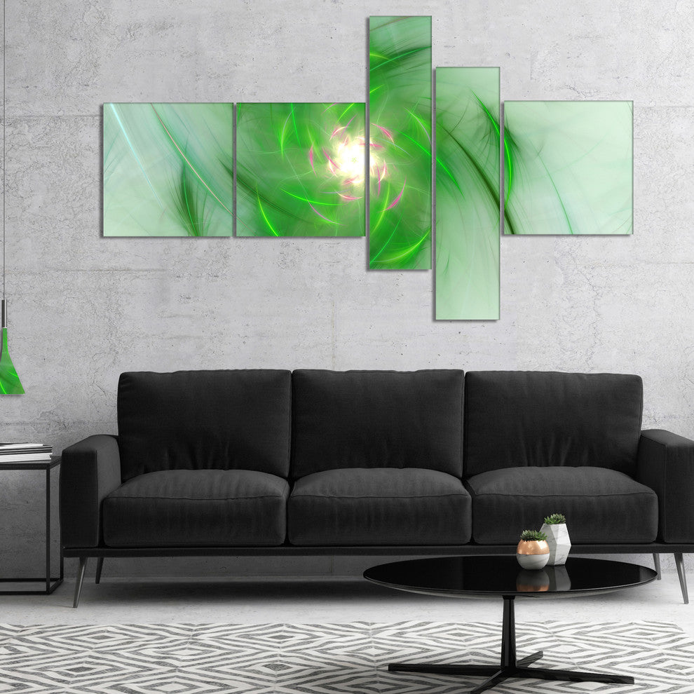 Green on White Fractal Whirlpool, Abstract Wall Art Canvas, 60"x32", 5 panels