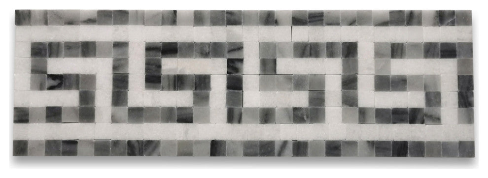 Greek Key Thassos White Bardiglio Gray Marble Mosaic Border Tile, 1 piece