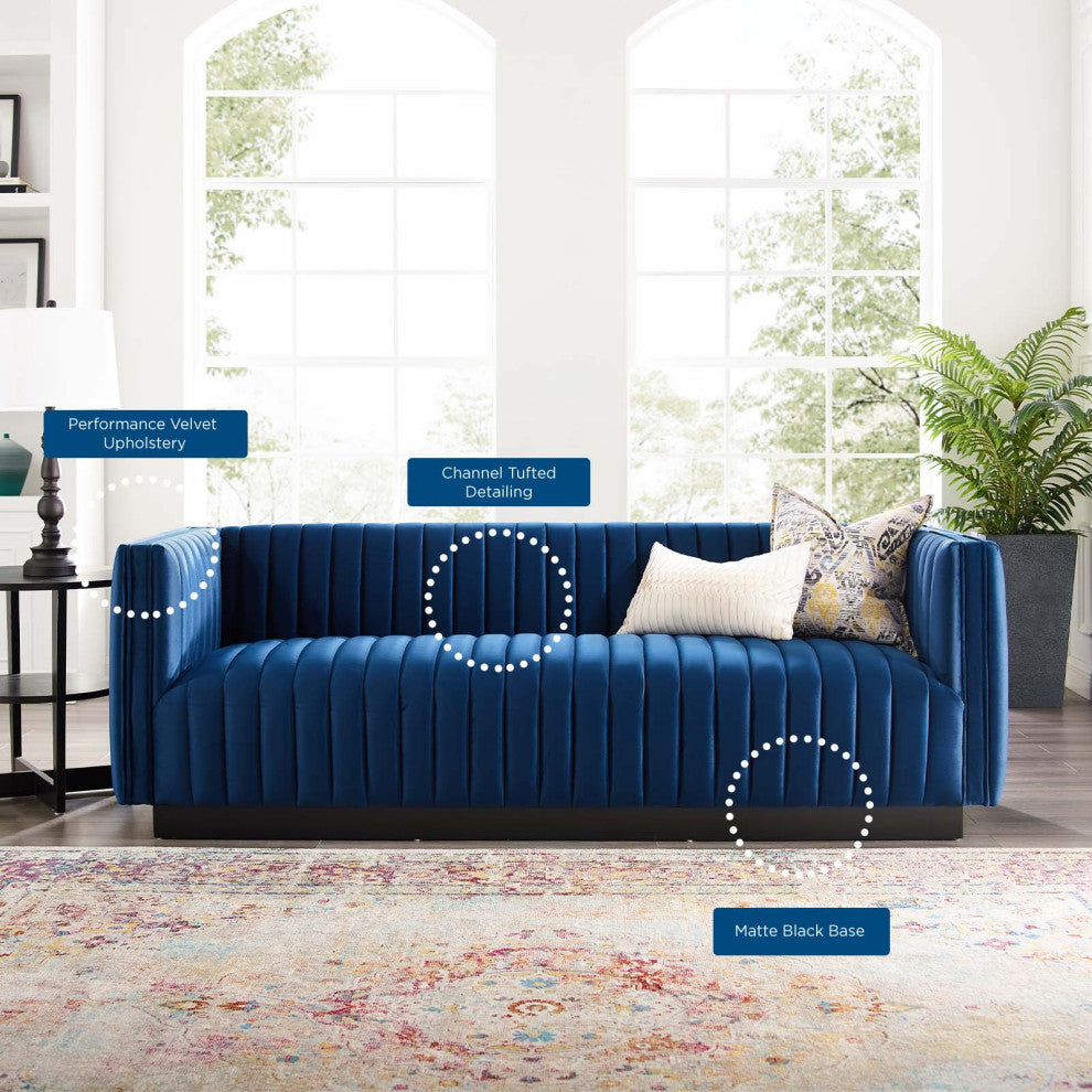 Tufted Sofa, Velvet, Blue Navy, Modern, Living Lounge Hotel Lobby Hospitality
