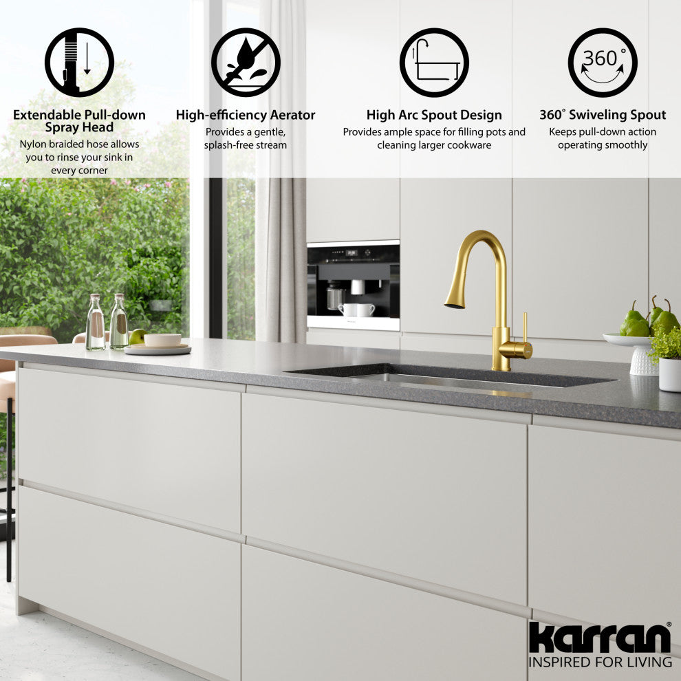 Karran Weybridge Single-Handle Pull-Down Sprayer Kitchen Faucet, Brushed Gold