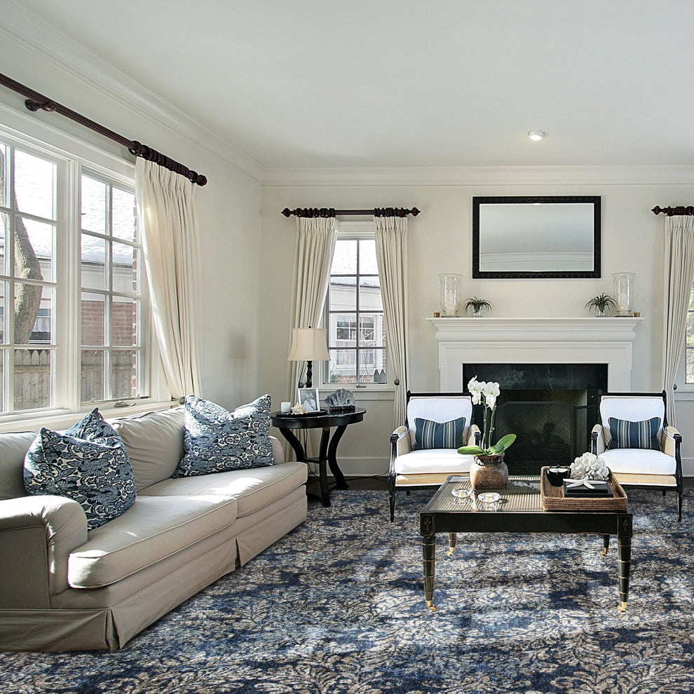 5'X8' Slate Blue Machine Woven Damask Indoor Area Rug