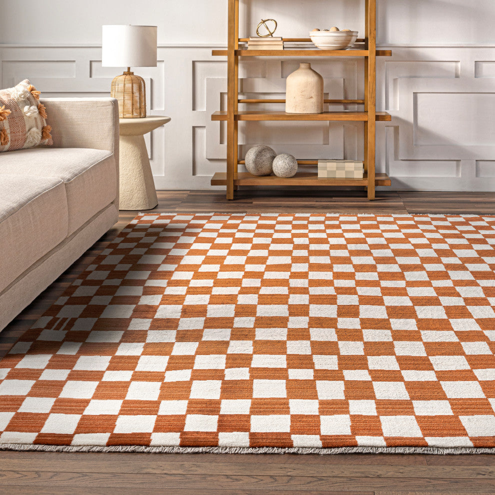 Nuloom Dominique Abstract Checkered Fringe Area Rug, Orange 6'7"x10'2"
