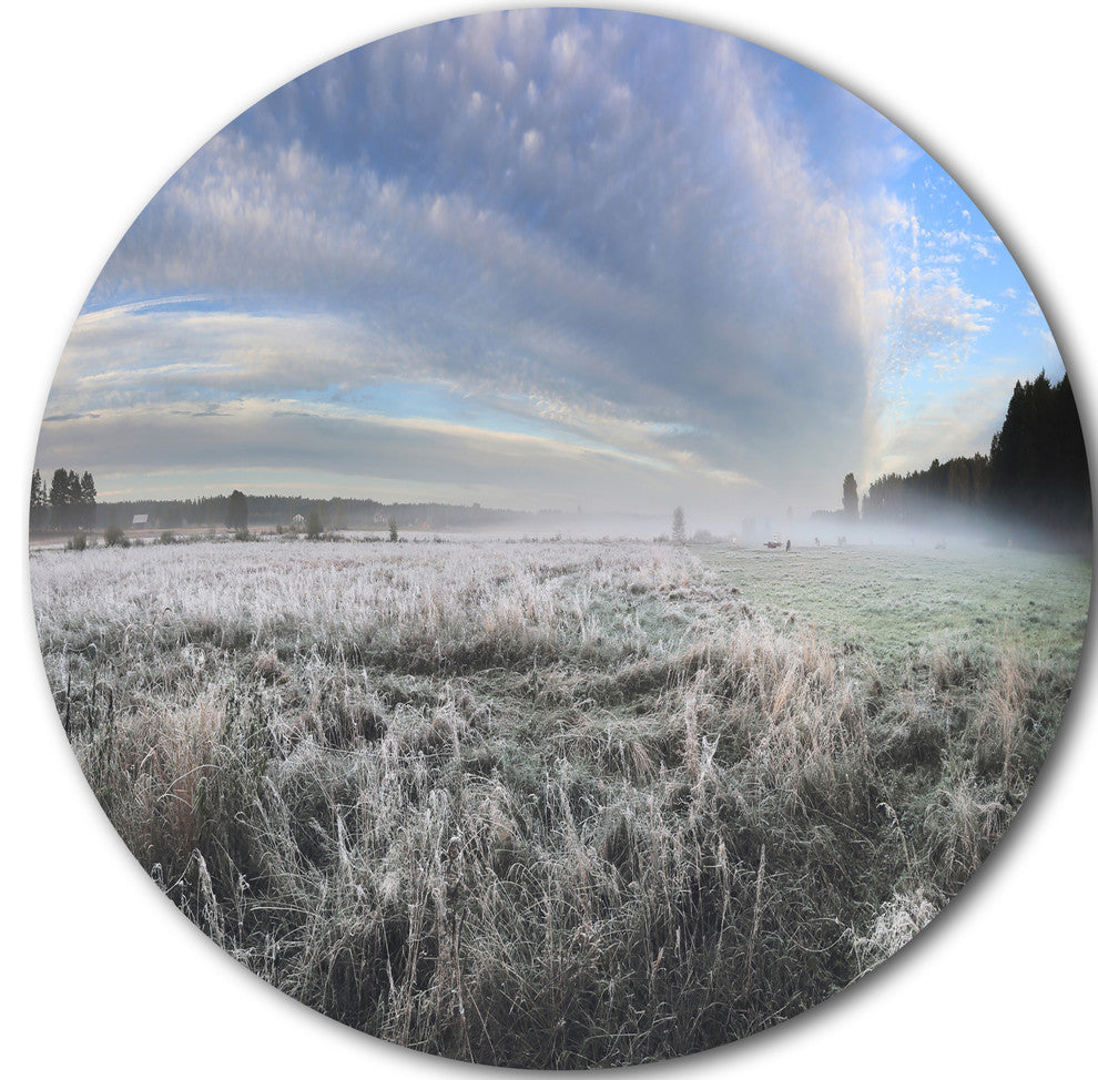 Hoarfrost On Grass Under Cloudy Sky, Landscape Disc Metal Artwork, 23"