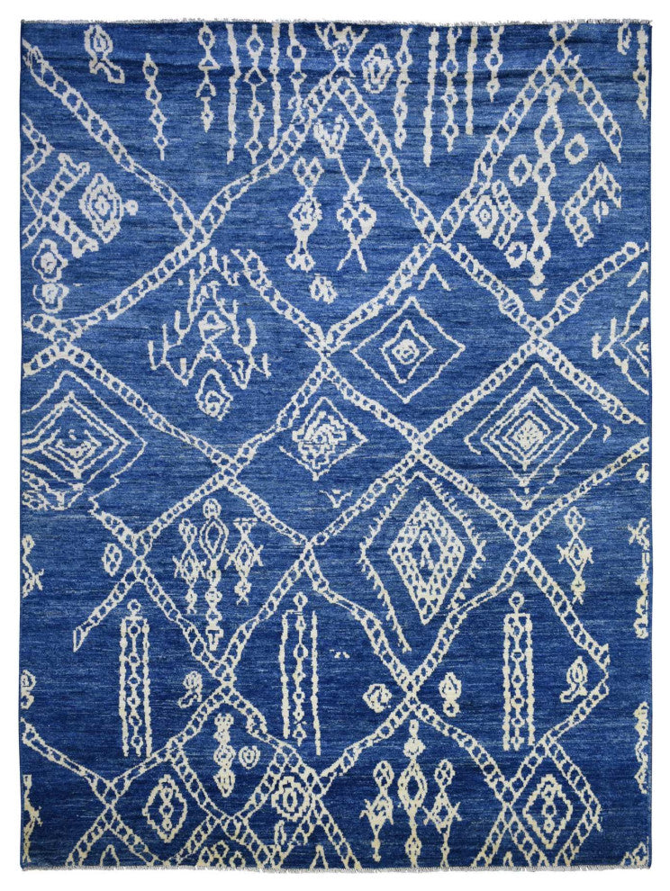 Blue, Hand Knotted, Soft and Shiny Wool, Moroccan Berber Rug, 8'10"x11'5"