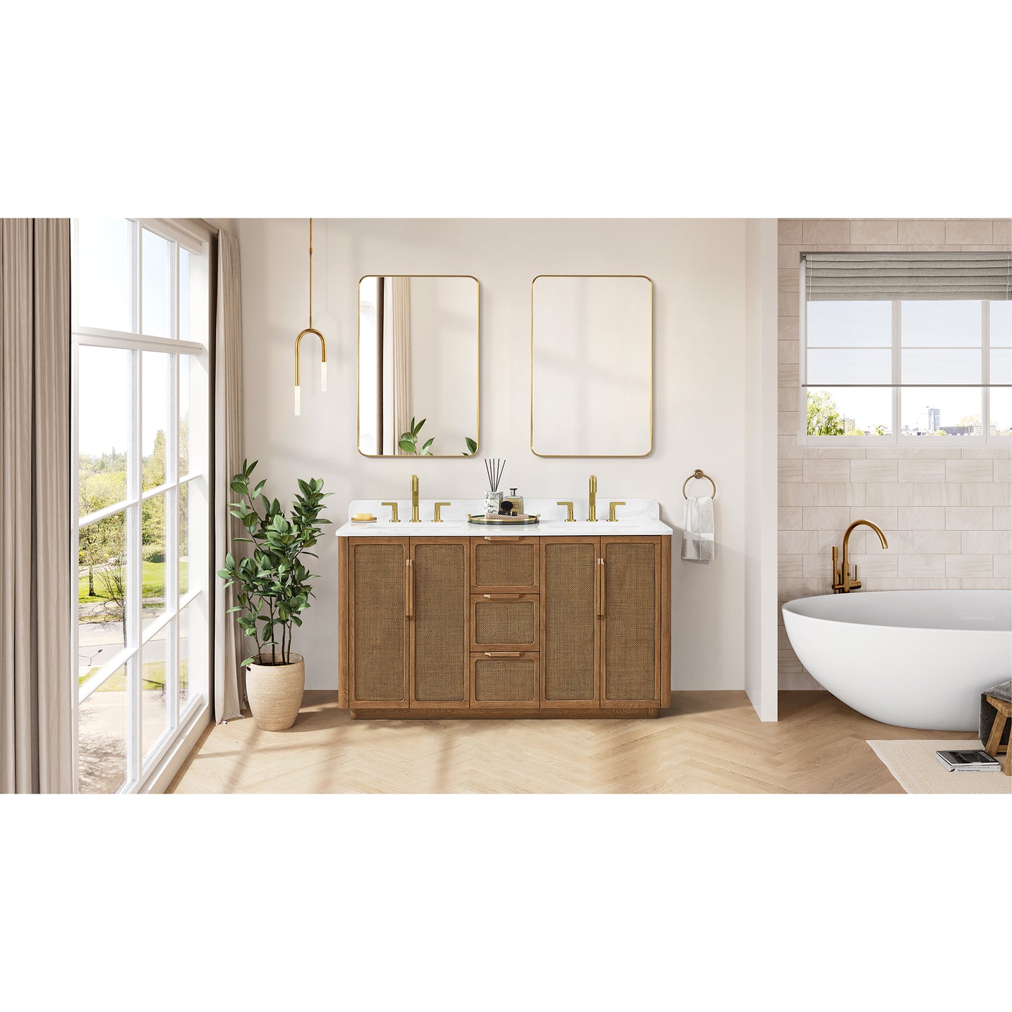 Busan Bath Vanity, Quartz Top No Mirror, Oak Classic Brown, 60", Double Vanity