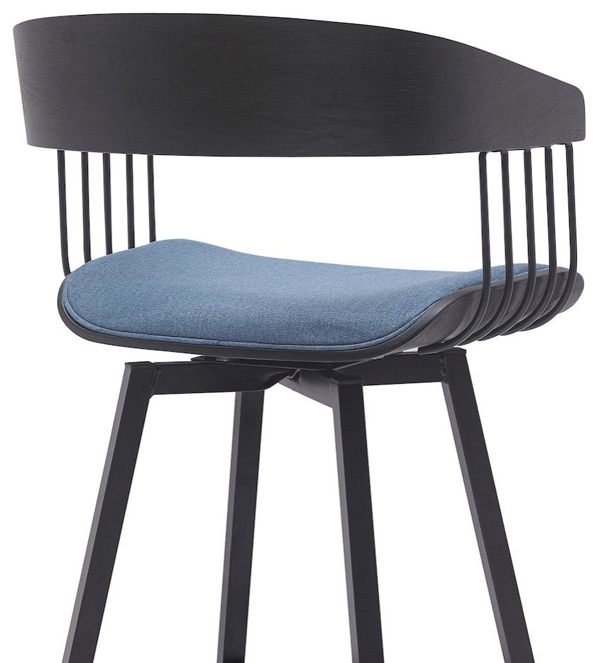 Athena Upholstered Wood Swivel Bar or Counter Stool with Black Metal