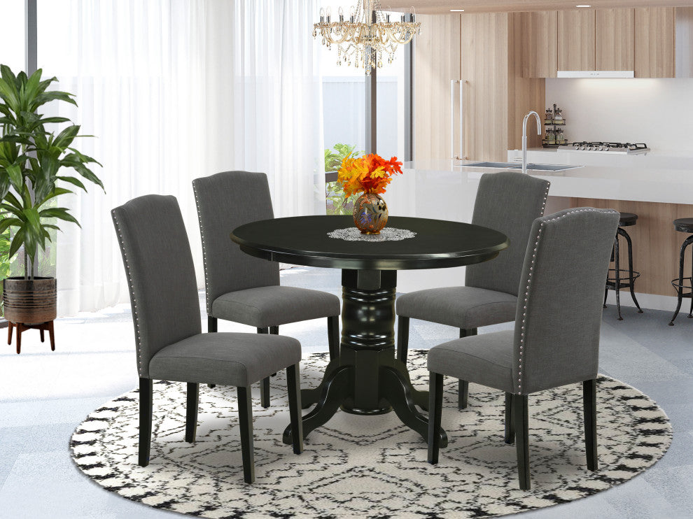 5Pc Rounded 42" Dining Table, Four Parson Chair, Fabric Dark Gotham Grey