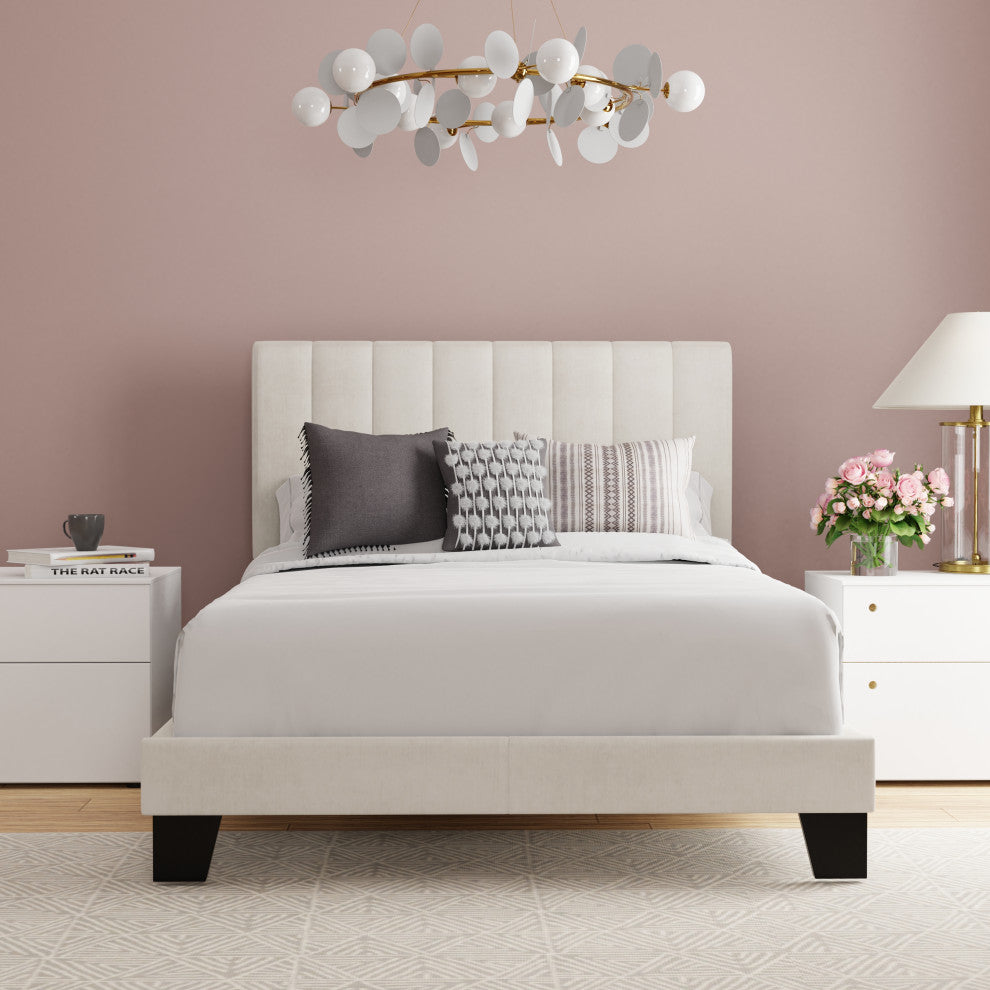 Hillsdale Crestone Adjustable Height Channel Upholstered Full Platform Bed, Cream, Full Bed