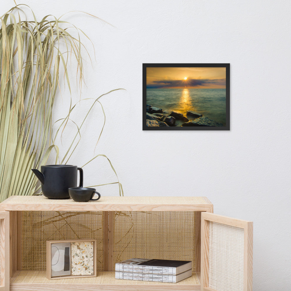 Sun Ray on the Water Coastal Landscape Framed Photo Paper Wall Art Print, Black, 12" X 16"