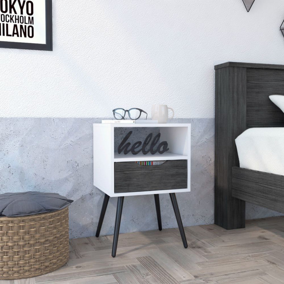 Allie Nightstand with Superior Top, Open Shelf, and Drawer, Smokey Oak/ White