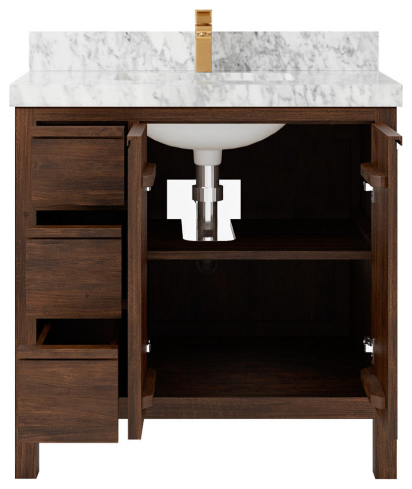 Elizabeth 36 Center Sink Bath Vanity in Dark Walnut Teak 2" Carrara Marble