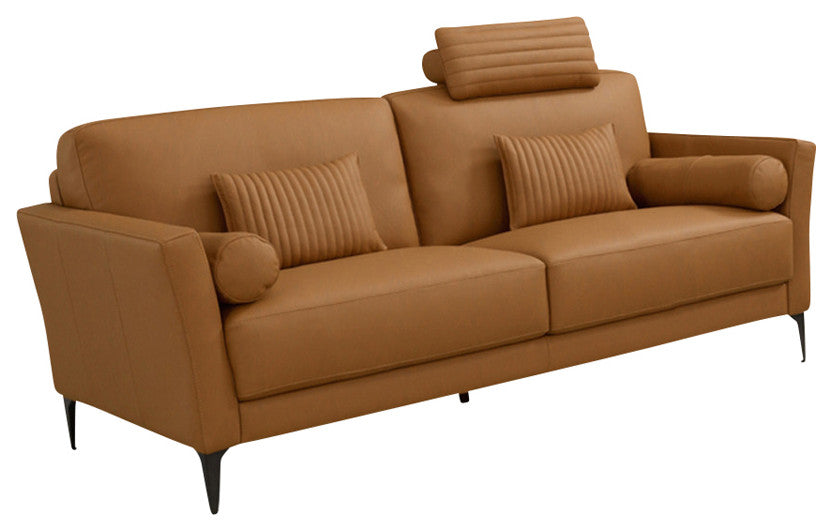 Leather Upholstered Loveseat With Five Pillows, Saddle Tan