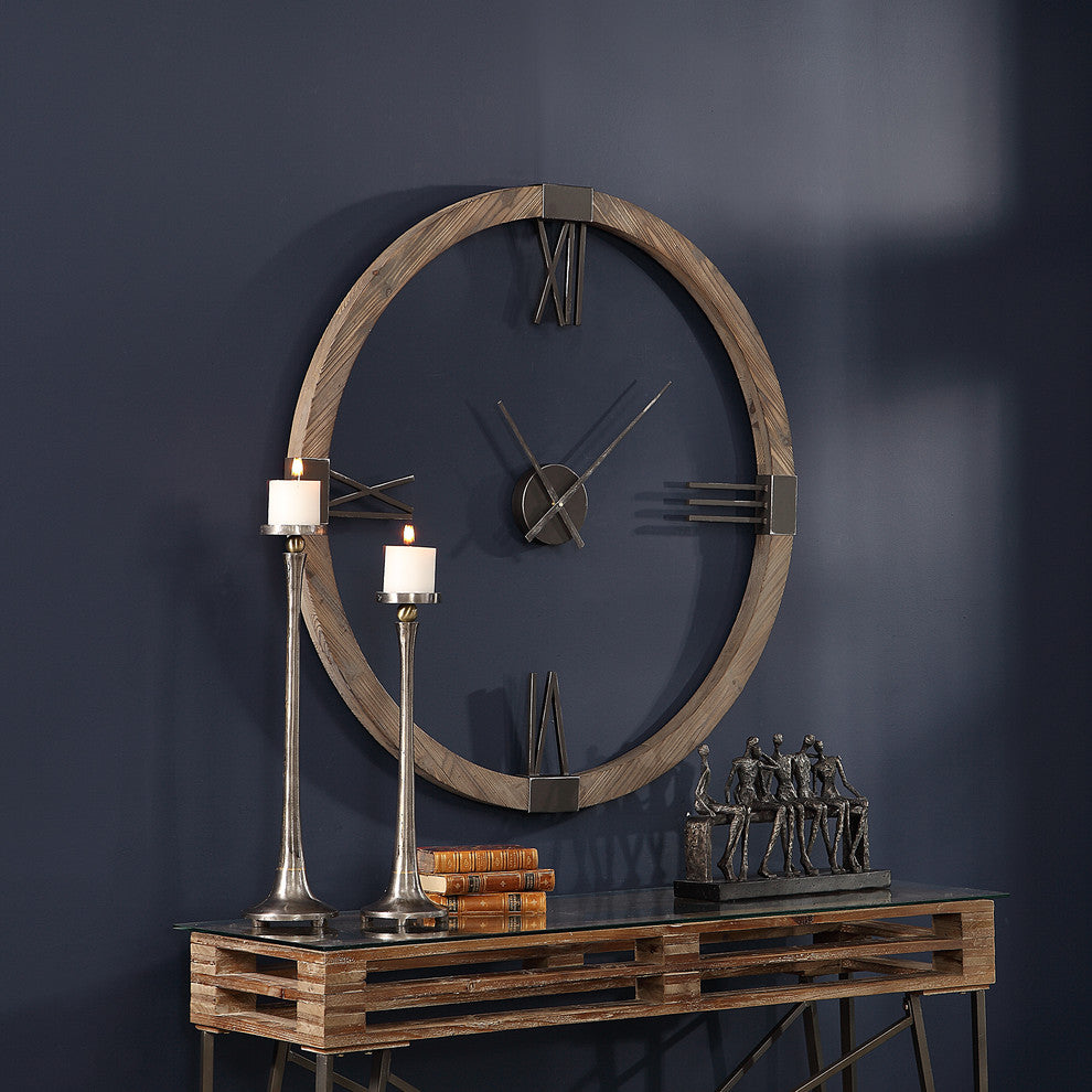 Retro Modern Wood Iron Round Wall Clock | Open Floating Center Mid Century