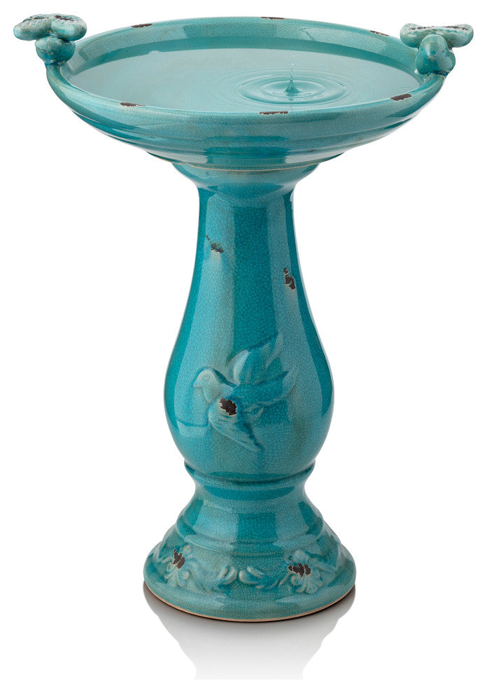 25" Tall Ceramic Antique Pedestal Birdbath with 2 Bird Figurines, Turquoise