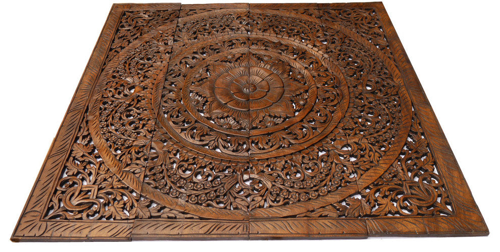 Tropical Floral Wood Carved Wall Panel. Unique Asian Home Decor, Dark Brown