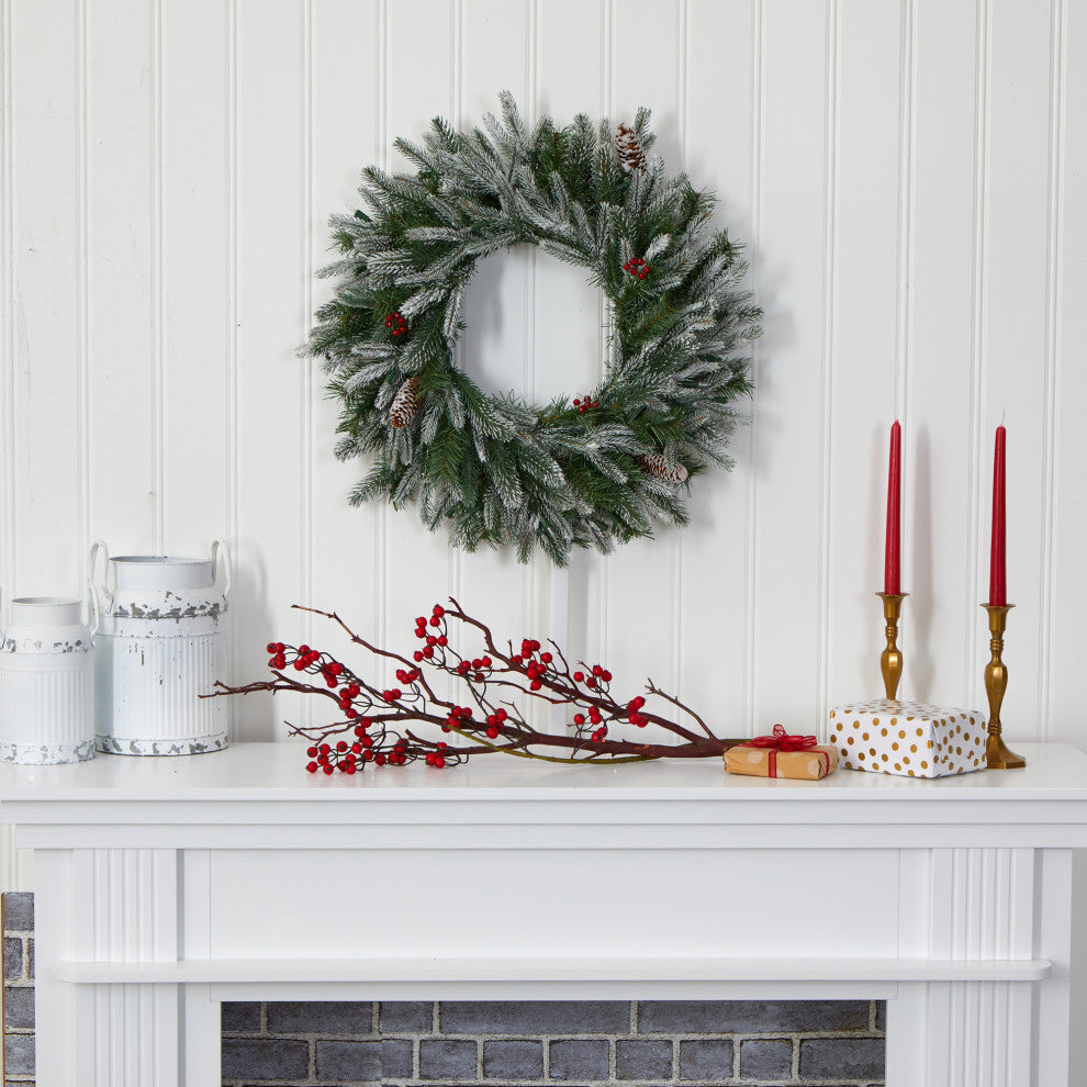 24ï¿½ Snowed Christmas Wreath with 50 Warm White LED Lights and Pine Cones
