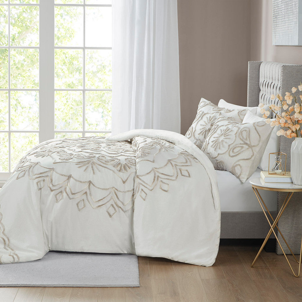 Madison Park Violette Tufted Medallion Comforter/Duvet Cover Set, Ivory Taupe