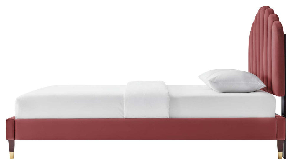 Platform Bed Frame, Queen Size, Pink, Velvet, Modern, Bedroom Guest Suite