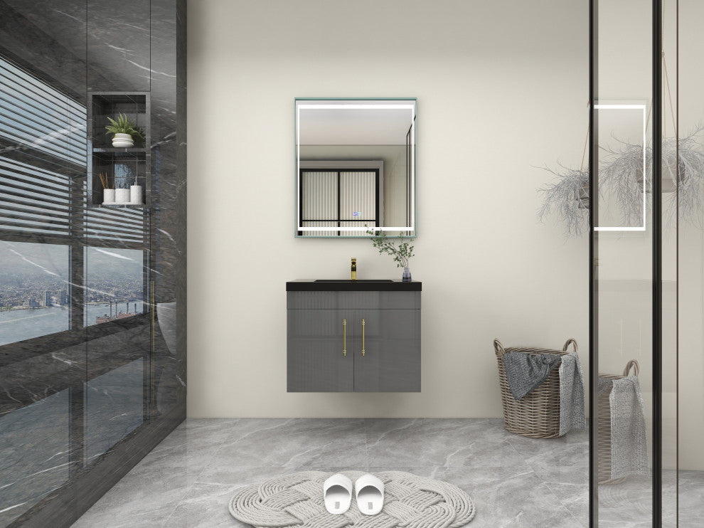 Rosa 30" Wall Mounted Modern Vanity, High Gloss Gray, Matt Black Top