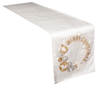 Ornament Wreath Christmas Table Runner, Off White, 13.5"x72"