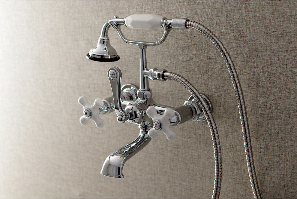 Aqua Vintage 7" Wall Mount Tub Faucet With Hand Shower, Polished Chrome