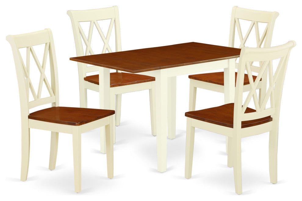 Dining Set 5 Pcs- 4 Wood Chairs, Table, Buttermilk Finish Hardwood Structure.