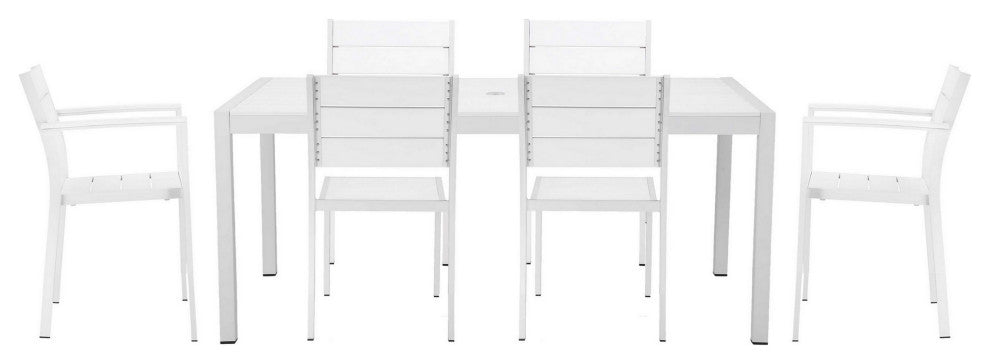 Benzara BM287839 Outdoor Dining Table, Chairs Set, White, Plank Seat and Backs