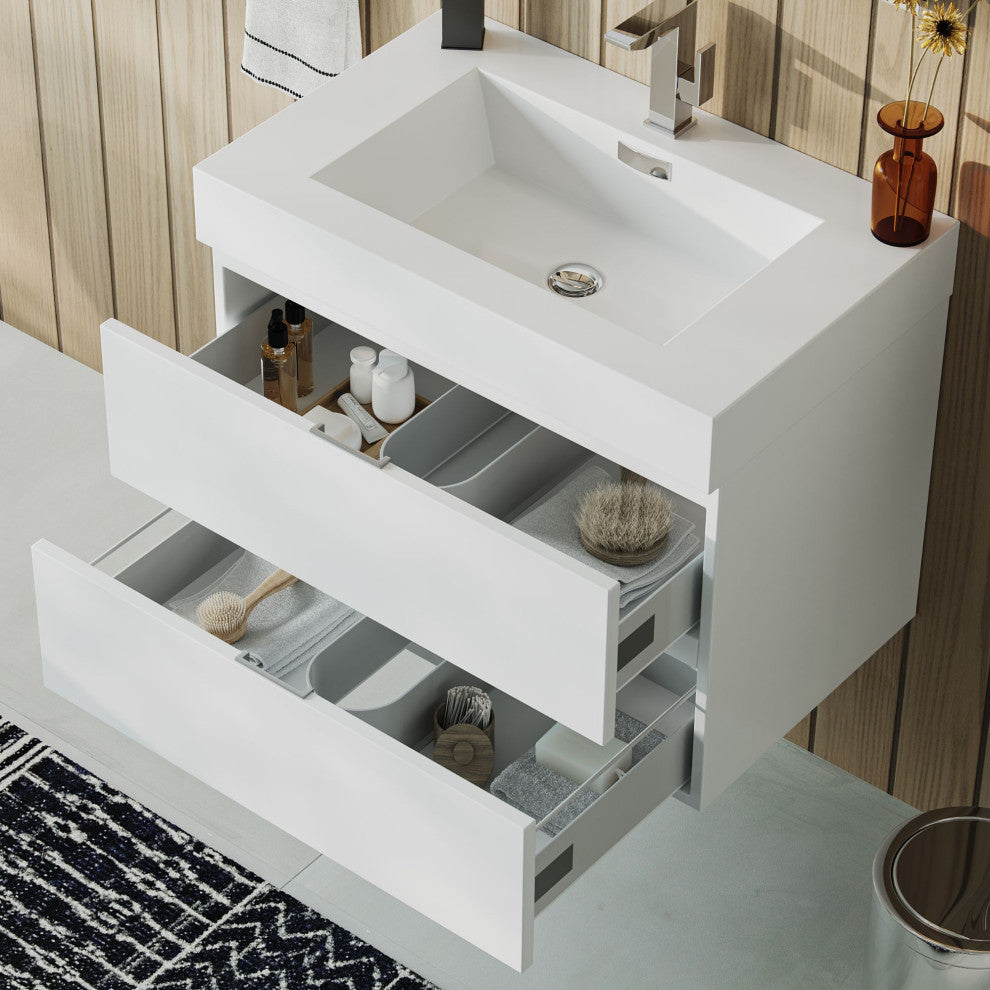 Boutique Bath Vanity, High Gloss White, 30", Single Sink, Wall Mount