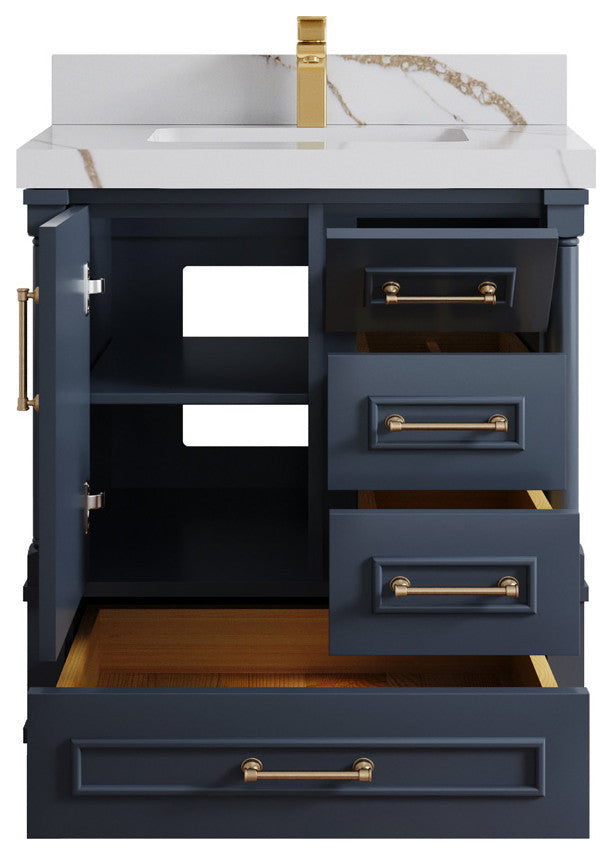 Aberdeen 30 Single Sink Bath Vanity in Hale Navy Blue  2" Calacatta Gold