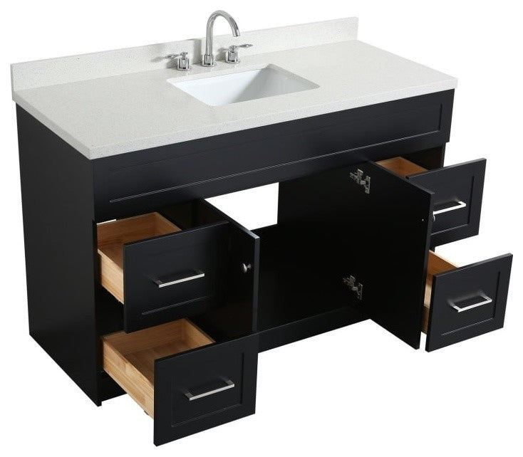 Ariel Hamlet 55" Single Sink Vanity Set With White Quartz Countertop, Black, Wit