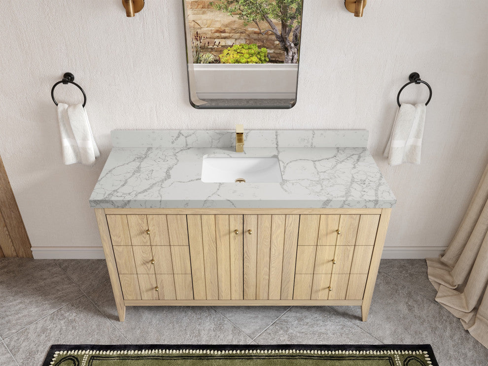 Atlanta Oak 60" Single Bathroom Vanity, White 2" Venatino Quartz