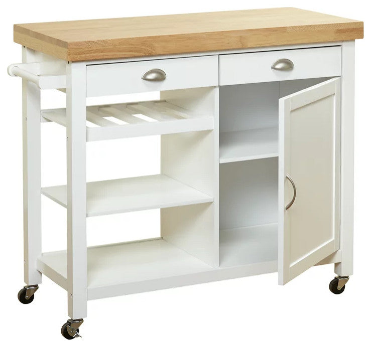 Modern Kitchen Cart, 3 Open Shelves & Storage Drawers With Natural Top, White